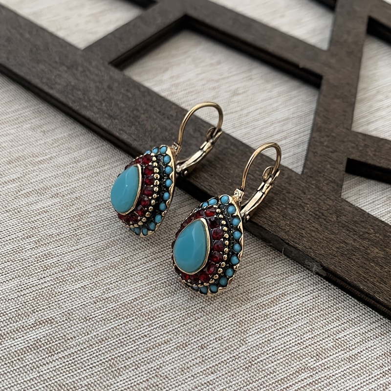 Vintage Teardrop Turquoise & Red Gemstone Earrings with Golden Beaded Frame